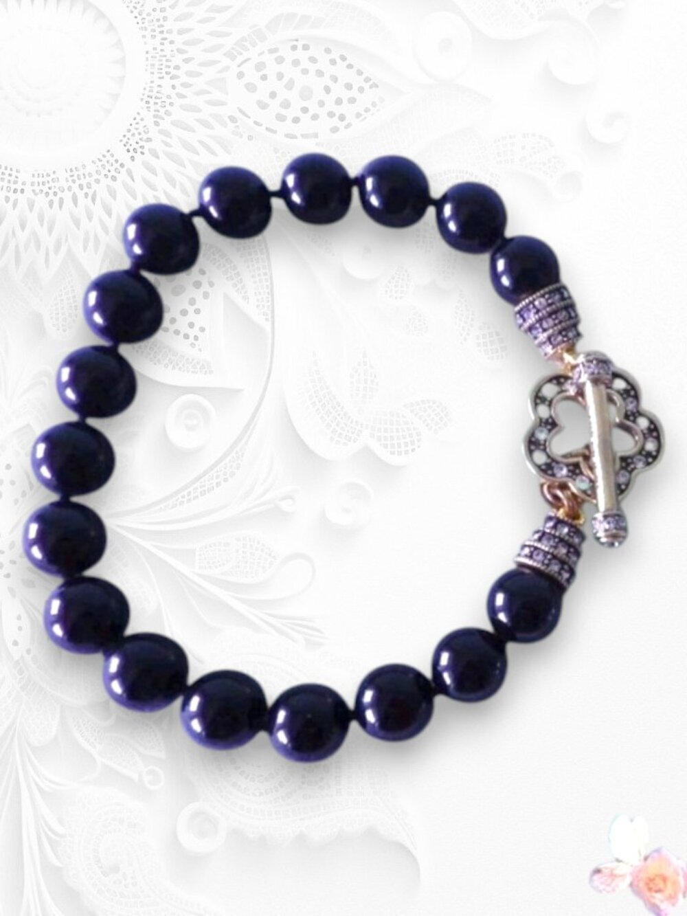 Heidi Daus Navy Faux Pearl Bracelet Crystal Toggle Designer Silver/Gold Tone